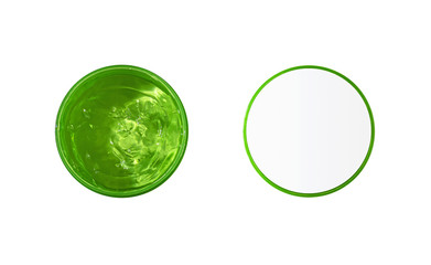 Top view of organic aloe vera or cucumber gel for skin care. Natural cream in jar with mockup isolated on white background