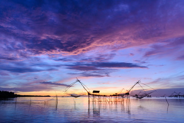 Fishing gear. Bamboo and netting. Of fishermen in Phatthalung Thailand On a beautiful evening light.