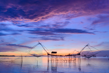 Fishing gear. Bamboo and netting. Of fishermen in Phatthalung Thailand On a beautiful evening light.