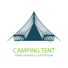 Tent. Touristic camping tent hand drawn vector illustration. Part of set.