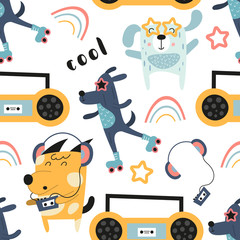 Childish seamless pattern with cool dogs and music theme in Scandinavian style. Vector Illustration. Kids illustration for nursery design. Great for baby clothes, greeting card, wrapping paper.