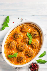 Oven baked meatballs. Top view, space for text.