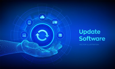 Update icon in robotic hand. Upgrade Software version concept on virtual screen. Computer program upgrade business technology internet concept. Vector illustration.