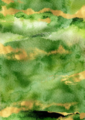 Watercolor hand drawn vertical A4 background. Green layout with gold splashes and strokes. Hand painted abstract decorative template. Perfect for stationery, greeting, quote, social media, poster