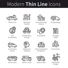 Electric car and eco transport: bike, truck, bus icons set