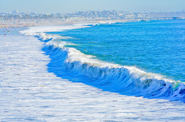 View of Santa Monica beach in Santa Monica on a sunny day. 