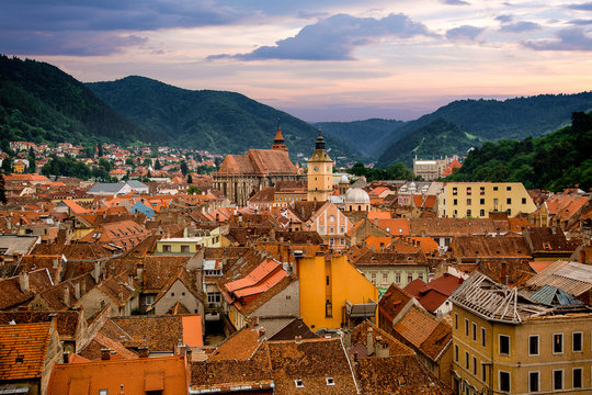 City skyline and Tampa Mountains at sunset, Brasov, Transylvania, Romania