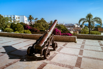 The cannons of the terrace of the lazy in Tangier, north of Morocco with view on the Straits of Gibraltar