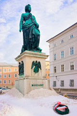Mozart monument on Mozartplatz Square at Old city of Salzburg