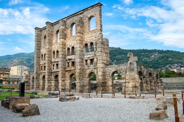 remains of the ancient roman theatre of Aosta, Italy - obrazy, fototapety, plakaty