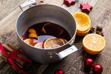 Mulled wine In rural pot and mug