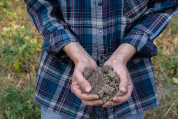 Farmer hands with soil in the palms close-up , man hands with fertile soil