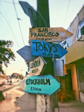 Multiple destination and distance signs from Tulum, Quintana Roo, Yucatan Peninsula, Mexico