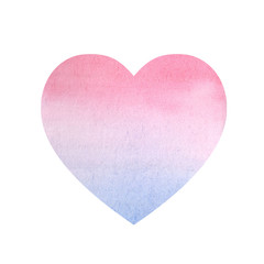 Watercolor heart isolated on a white background. Pink and blue gradient, paper texture.