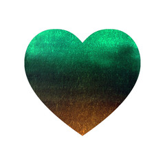 Watercolor heart isolated on a white background. Green, brown and gold gradient, paper texture.