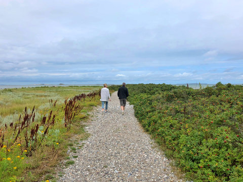 Couple walking along beach, Besser Rev, Samsoe, Denmark