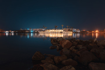 long time exposure of El gouna lagoon with a view of a hotel in the night.