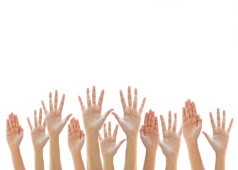Mixed empty raise up hands on withe background with copy space can be used for your text or christian background, praise and worship concept