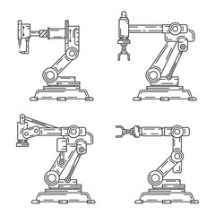 Line flat vector icon set factory conveyor robot arm system. Automatic industry assembly robotic machinery. Globalization laborer technology process. Mechanical worker. Cartoon style illustration.
