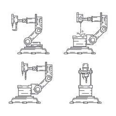 Line flat vector icon set factory conveyor robot arm system. Automatic industry assembly robotic machinery. Globalization laborer technology process. Mechanical worker. Cartoon style illustration.