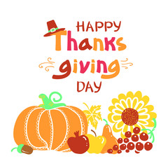 Happy Thanksgiving day card with turkey bird and text. Vector Beautiful handwritten autumn card