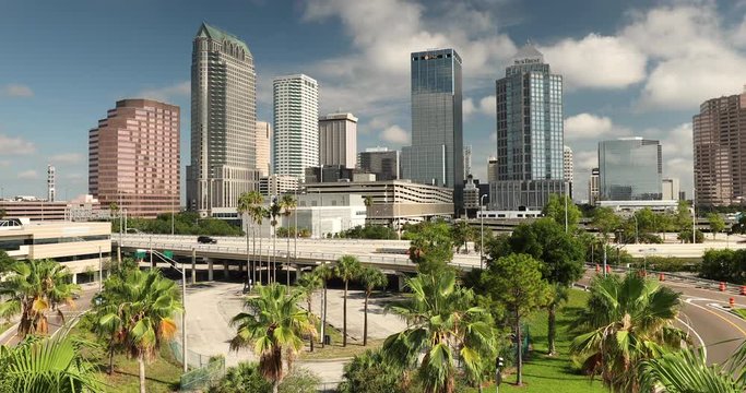Downtown city skyline view of Tampa Florida USA looking over the freeway and the Riverwalk