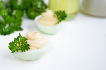 Freshly made homemade mayonnaise on a family recipe. Boiled Egg Snacks