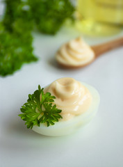 Freshly made homemade mayonnaise on a family recipe. Boiled Egg Snacks