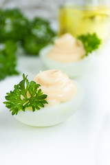 Freshly made homemade mayonnaise on a family recipe. Boiled Egg Snacks