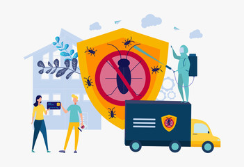 Colorful vector illustration. Sanitary household disinfection. Chemical treatment of insects. The destruction of parasites.