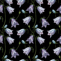 Bellflower blossoms, leaves and bouquets set. Seamless patterns. Watercolor set of flowers and leaves, hand drawn floral illustration isolated on a white background. Botanical art.