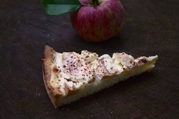 Apfelkuchen und ein Apfel auf einem Holzstamm