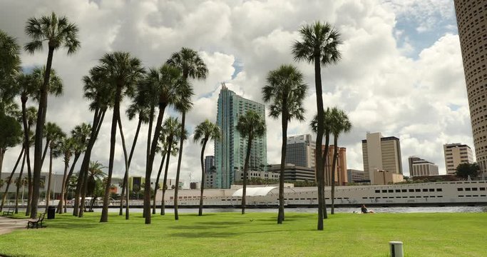 Downtown city skyline view of Tampa Florida USA looking over the freeway and the Riverwalk