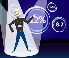 Business man makes a presentation during seminar or meeting. Guy wears casual jeans and sweater in front of display screen with different charts and diagrams. Vector illustration