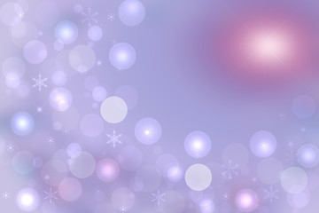 Christmas card template. Abstract festive light blue winter christmas or New Year background with a large pink glowing sun and many blue white bokeh lighted snowflakes and stars.