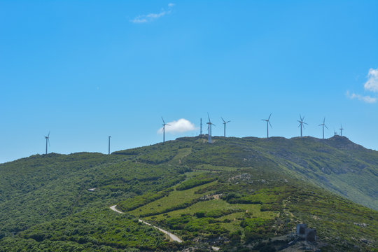 Cap Corse, Ersa. Wind farms. Corsica island, France