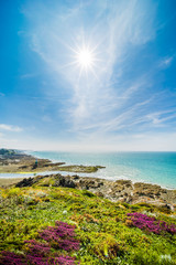Pléneuf-Val-André Lighthouse with Turquoise Blue Atlamtic Ocean on a Sunny Summer Day in Brittany France