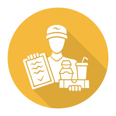 Food delivery yellow flat design long shadow glyph icon. Express courier service. Deliveryman holding takeaway food and invoice. Restaurant, cafe free order delivering. Vector silhouette illustration