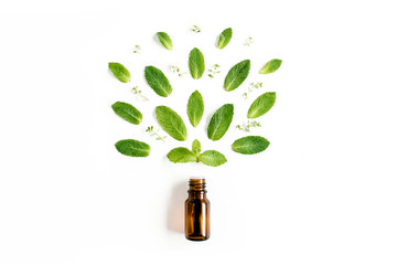 Essential oil and green mint leaves on white background. Medicinal herbs. Flat lay. Top view.