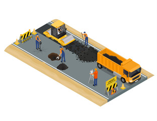 Road Construction Scene Concept 3d Isometric View. Vector