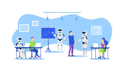 Cartoon Color Characters People and Robot Office Workers Concept. Vector