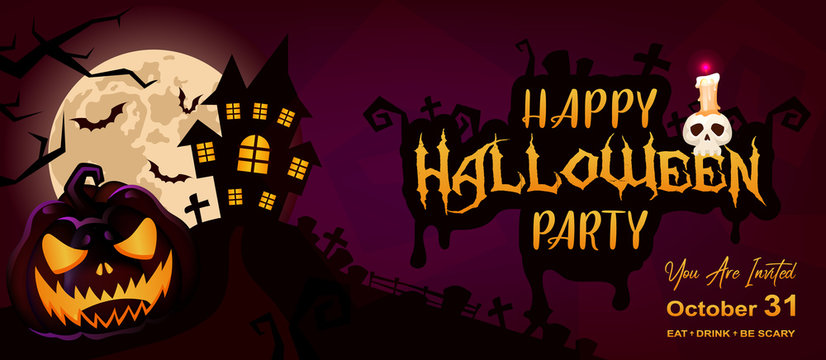 Happy halloween event flat banner vector template. Autumn holiday night party invitation card design layout. Scary, spooky cartoon background with pumpkin and lettering. Helloween horizontal poster