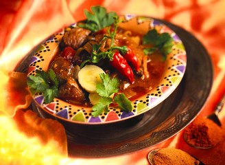 Indian Meat Curry with Chillies and Coriander on colourful plate.