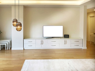 modern living room interior design television unit and lamp
