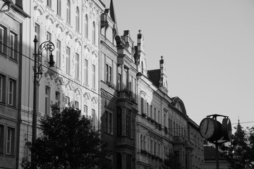 Fototapeta na wymiar Black and white beautiful old stone buildings in Prague