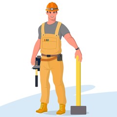 Set of builders in special clothes with various tools. Workers with safety equipment. Jumpsuit, safety helmet and gloves. Vector illustration in a flat style.