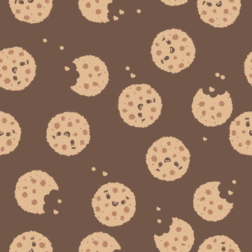 Seamless doodle cookies pattern. Chocolate chip cookies. Hand drawn vector illustration on light background.