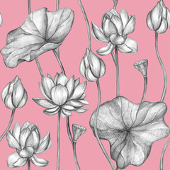 Seamless pattern of monochrome pencil botanical sketches of flowers. Hand-drawn lotus on pink background. Vintage style. Botanical wallpaper. For wrapping paper, fabric, postcards, posters, etc.