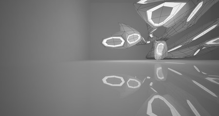 Abstract architectural white interior of a minimalist house with neon lighting. Drawing. 3D illustration and rendering.