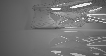 Abstract architectural white interior of a minimalist house with neon lighting. Drawing. 3D illustration and rendering.